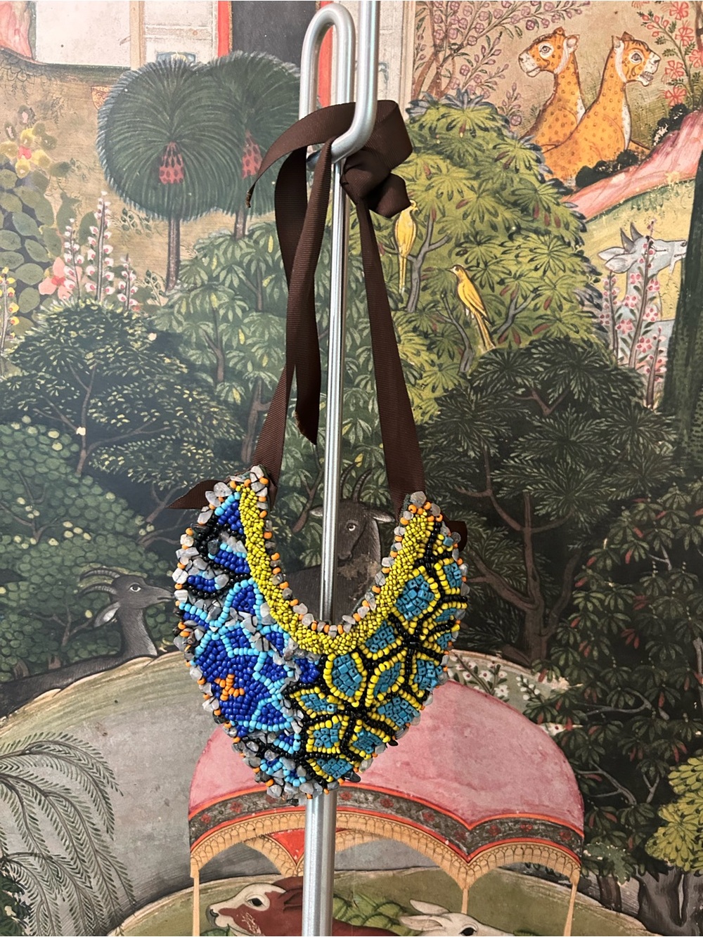 Hand-Beaded Blue & Yellow Statement Necklace with Brown Ribbon